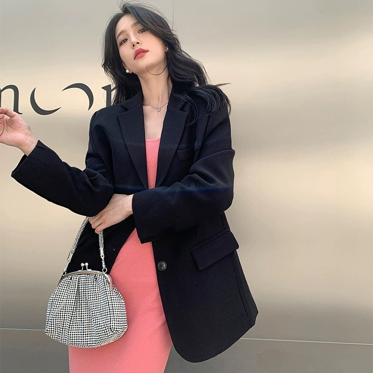 2023 Spring and Autumn Wear Temperament Casual Design Niche Western Style Black Small Suit Jacket Women's Medium Long Business