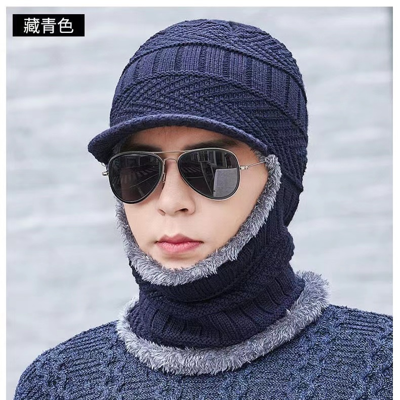 冬季男帽子一体毛线帽加绒加厚保暖套头骑车护耳防风针织帽