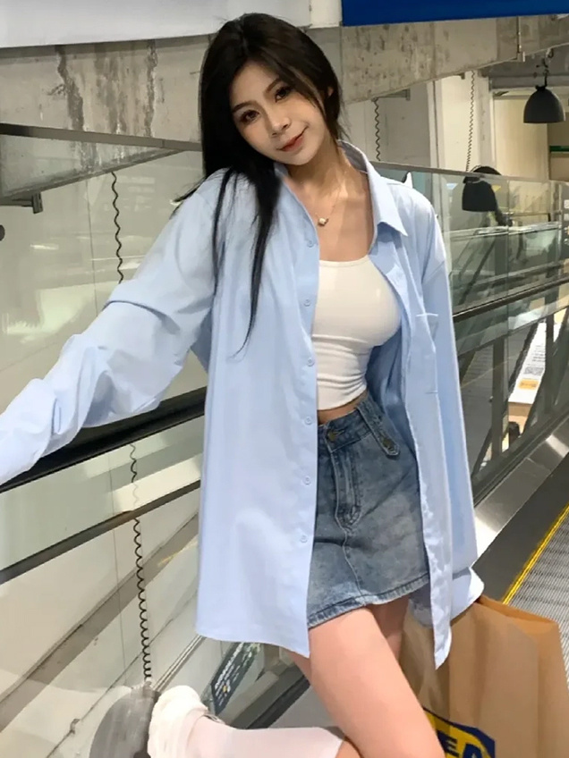 秋季女裝港風淺藍色襯衫女長袖內搭外穿寬鬆高檔襯衣上衣女洋氣