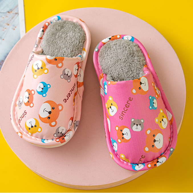 Children's cotton slippers winter boys and girls indoor non-slip thick bottom waterproof PU leather cartoon warm middle and big children's slippers