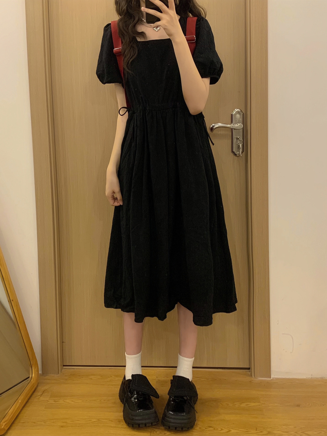 College style sweet age-reducing puff sleeve dress female student summer high waist drawstring slim mid-length A-line skirt