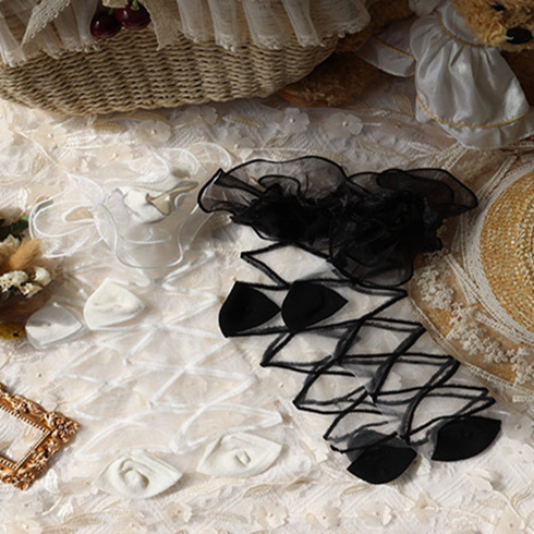 春夏薄法式浪漫少女洛丽塔绸缎花边玻璃丝绑带袜Lolita水晶堆堆袜
