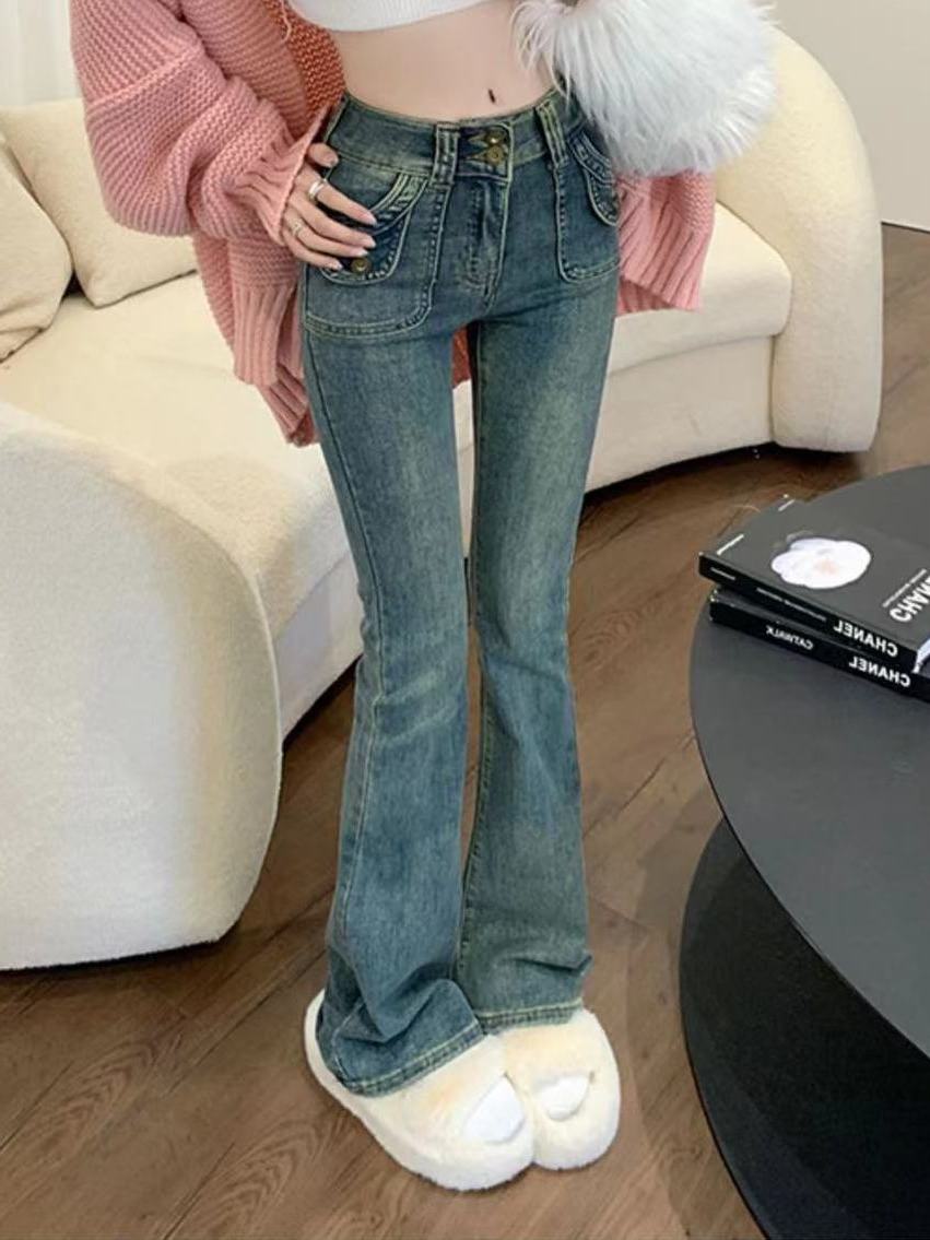 小個子復古高街辣妹高腰微喇叭牛仔褲女修身彈力顯瘦馬蹄直筒長褲