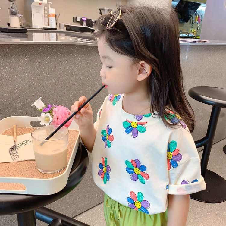 2023夏季新款女童短袖中小童公主風上衣寶寶甜美花朵打底衫
