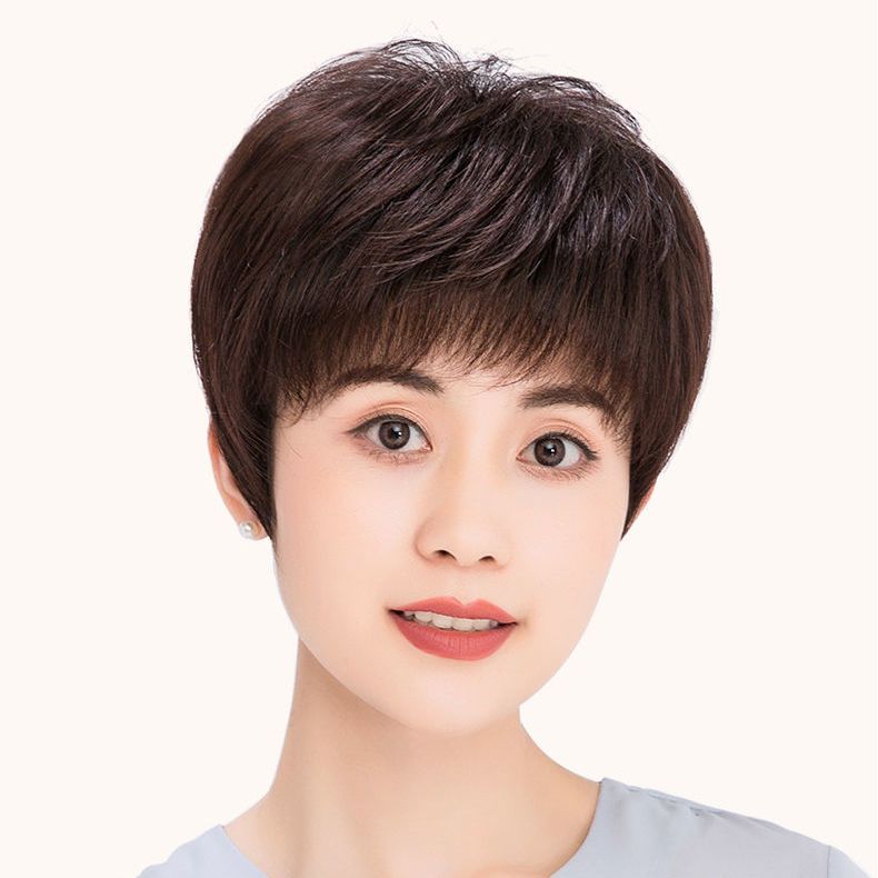 假发女短发妈妈真发全头套式女士中老年真人发丝假发套蓬松自然型