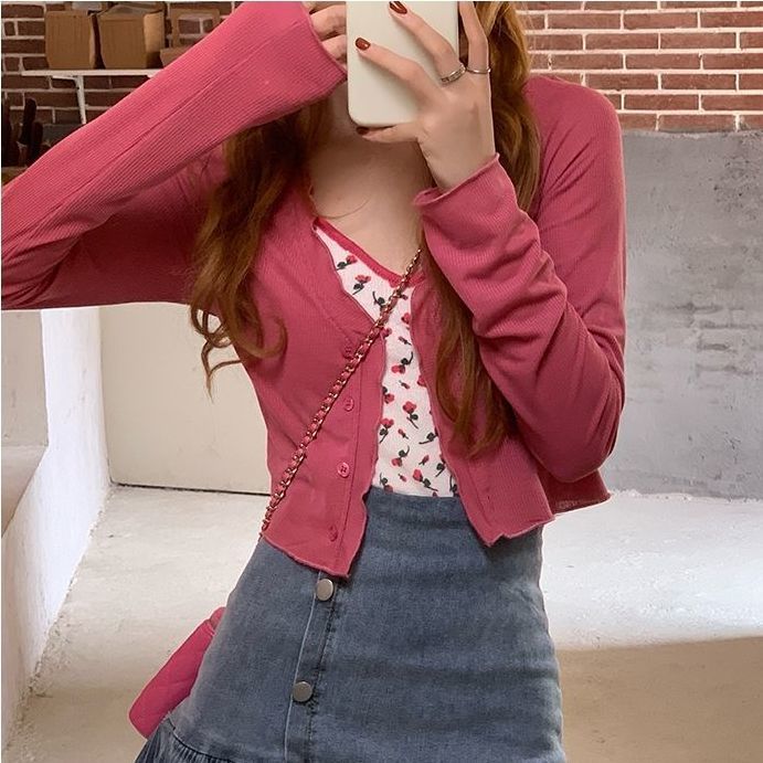 Summer Korean style chic sweet stacked rose suspenders + sun protection short cardigan long-sleeved T-shirt female top two-piece set