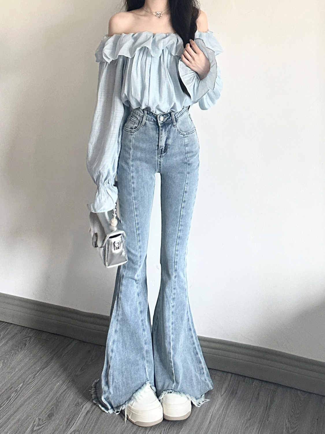 辣妹毛邊微喇叭牛仔褲女秋季新款修身彈力顯瘦直筒拖地馬蹄褲子潮