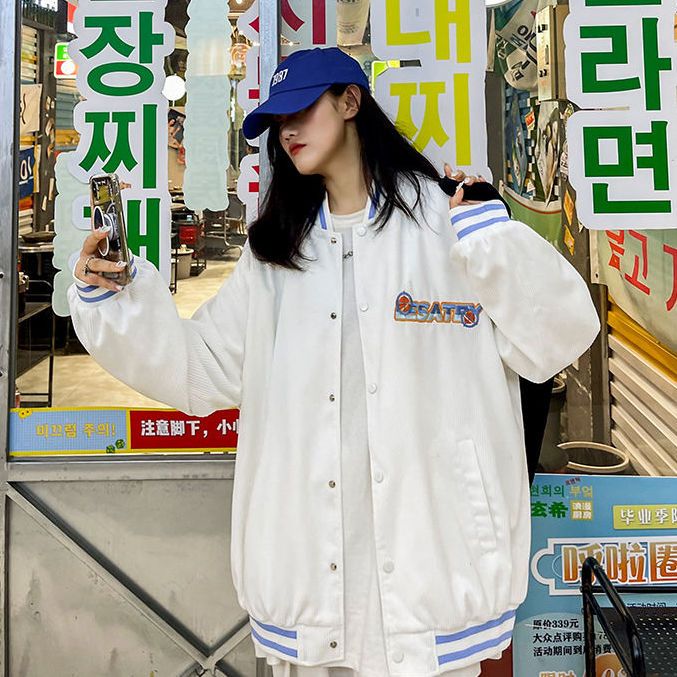 Corduroy white baseball uniform for women spring and autumn thin casual versatile jacket loose Korean style student couple jacket