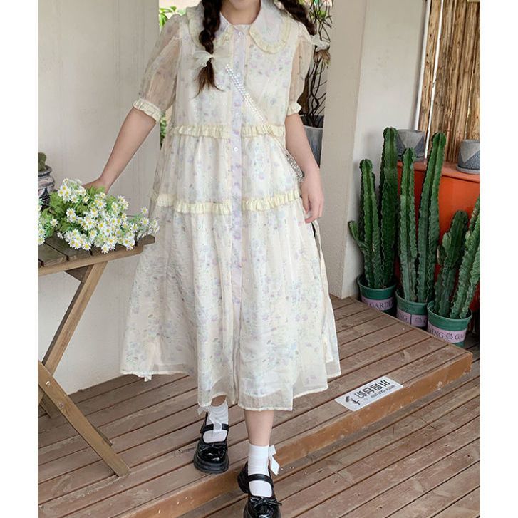 Fresh small flower print dress female summer  new puff sleeve doll collar wood ear stitching floral skirt