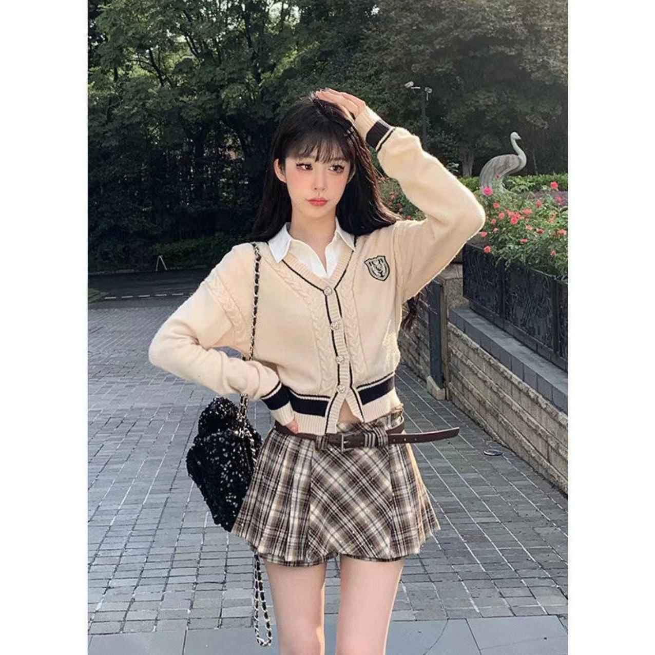 芭比姨學院風針織開衫女2023秋裝假兩件慵懶風毛衣外套短款上衣