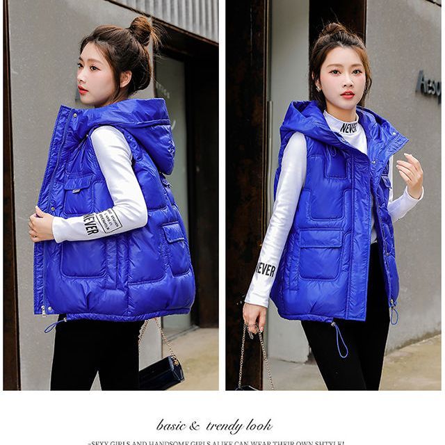 Korean version of the wash-free shiny down cotton vest female 2022 winter thickened hooded short waistcoat vest vest jacket