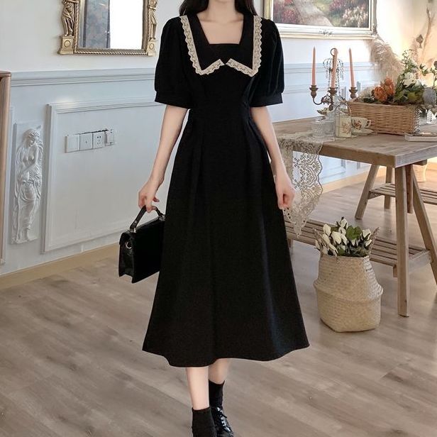 法式溫柔學院風減齡連衣裙女夏新款大碼胖mm收腰復古顯瘦系帶長裙