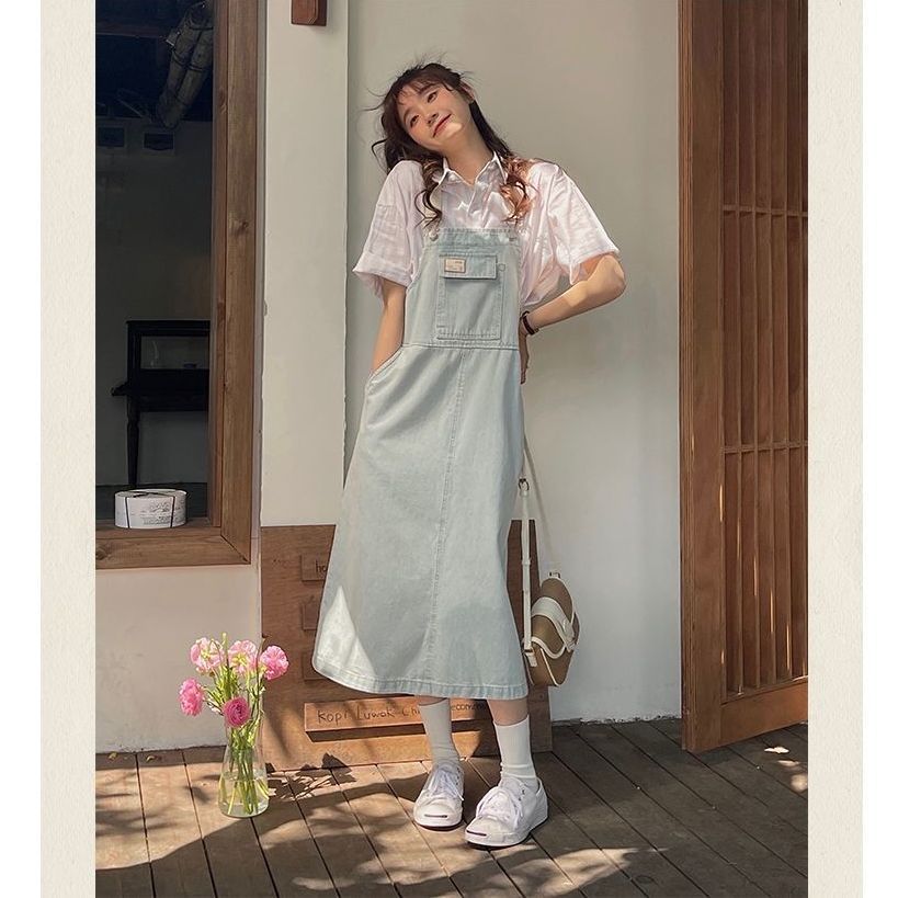 Pure color denim suspender skirt women's summer new Korean version loose and age-reducing small man mid-length straight dress