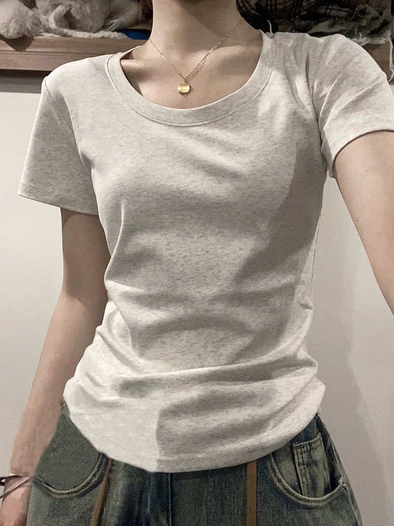 音卓2023新款灰色正肩短袖t恤女夏修身顯瘦基礎款百搭上衣打底衫