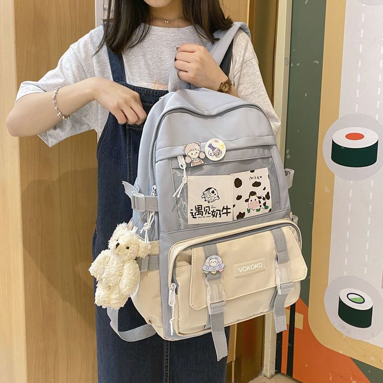 書包女韓版ins原宿風撞色高中學生雙肩包百搭初中大學生簡約背包