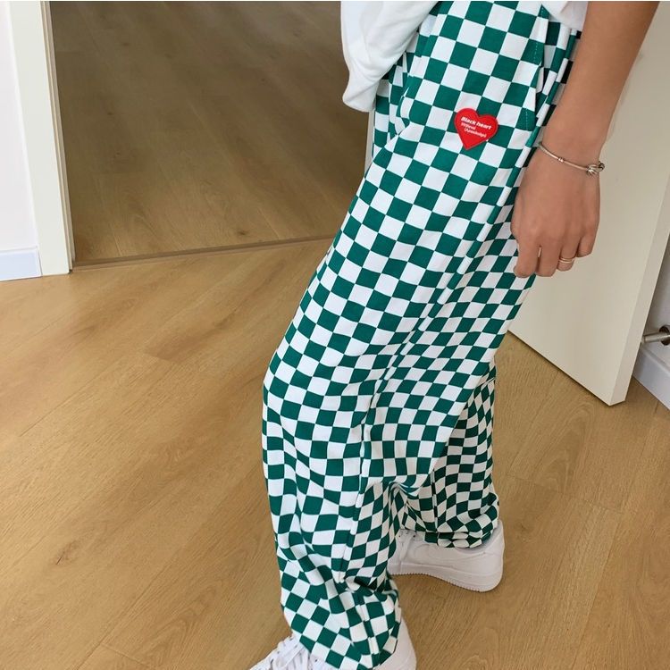 Black and white plaid casual pants women's  summer new loose Korean version straight wide-leg pants drawstring trousers women