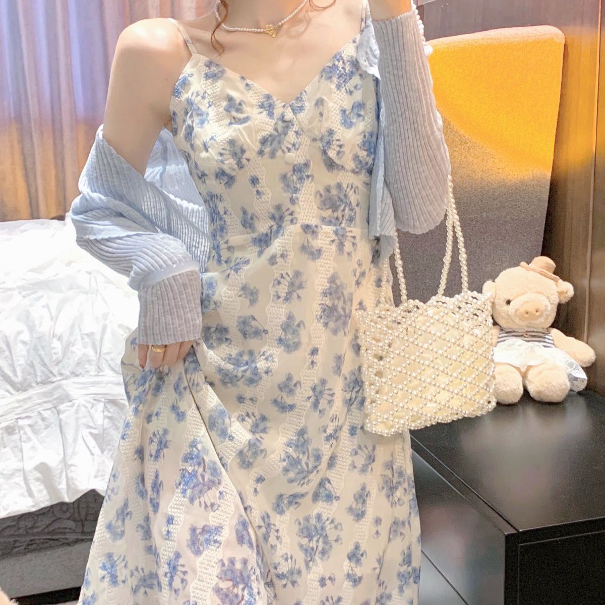 大碼女裝溫柔風法式初戀雪紡長裙碎花吊帶赫本風連衣裙開衫兩件套