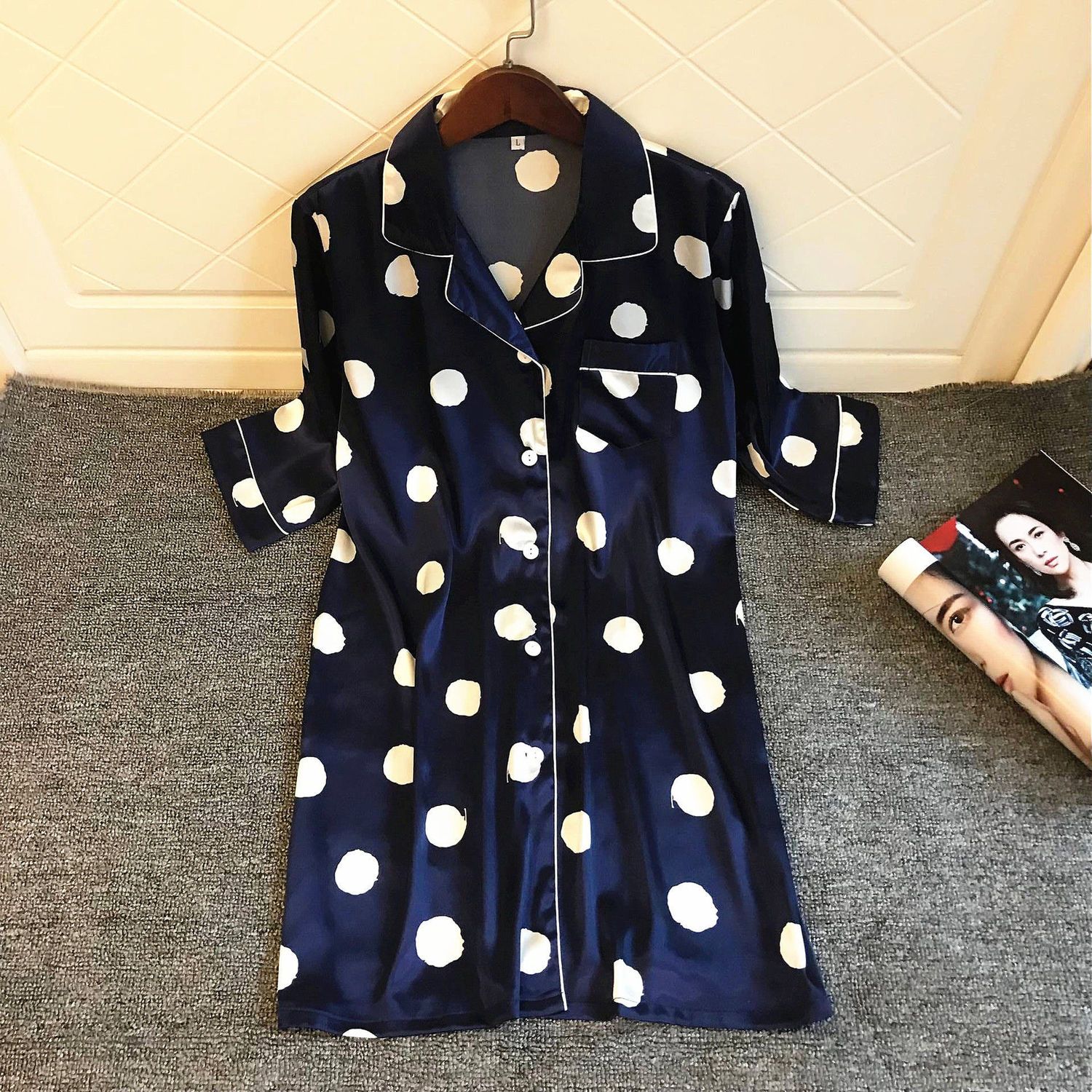 White polka dot shirt sexy pajamas female spring and autumn mid-length nightdress sweet and cute ice silk cardigan with thin sleeves