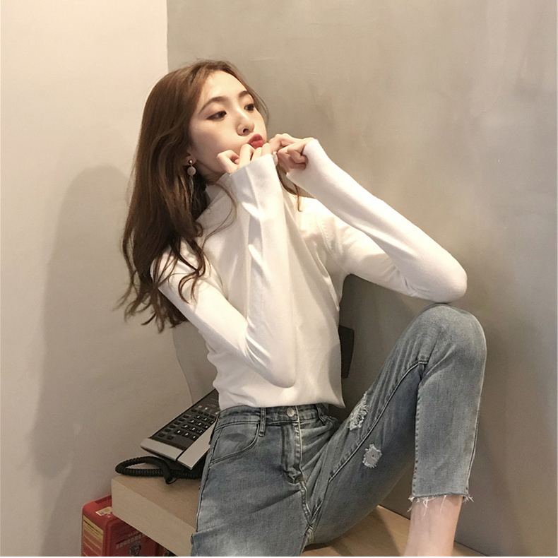 Half turtleneck bottoming shirt, spring, autumn and winter, western-style slim long-sleeved T-shirt for women, Korean style slim-fitting plus velvet black inner top