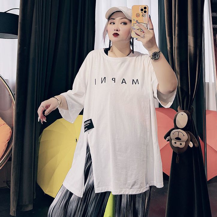 Summer extra large size women's short-sleeved 2-300 catties fat mm loose design sense irregular slit letter half-sleeved T-shirt