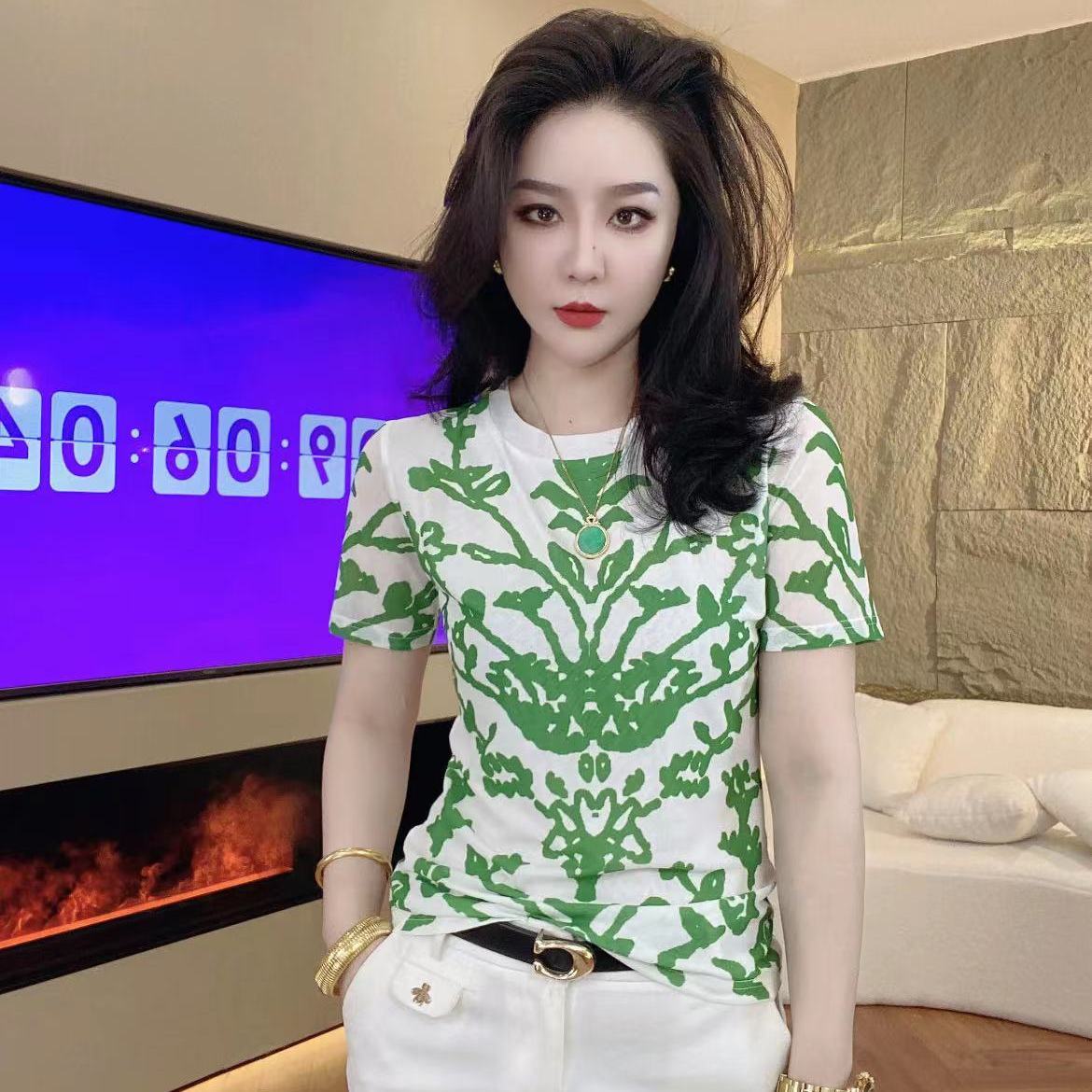 夏裝新款甜辣風圓領印花短袖2023時尚拼色氣質修身顯瘦減齡上衣女