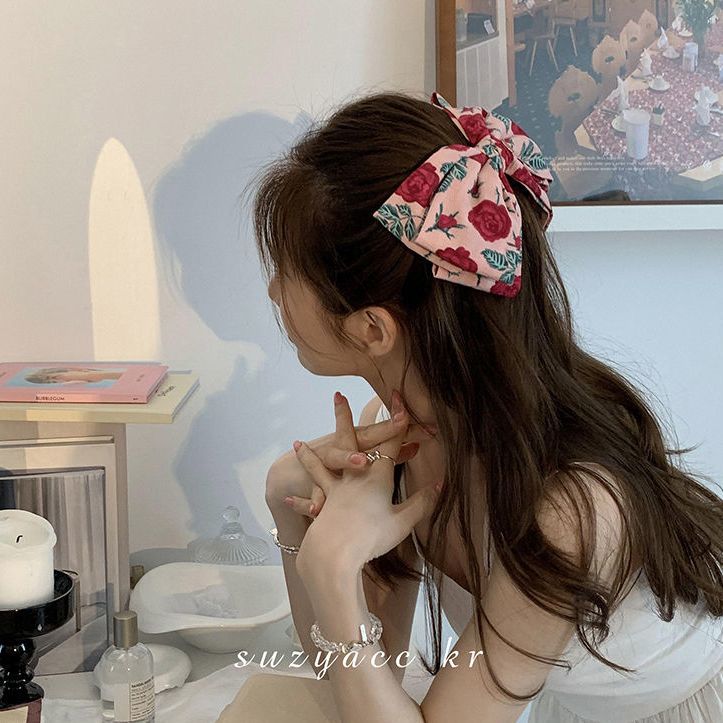 Rose print bow hairpin French retro spring clip back head plate hairpin headdress forest floral hair accessory