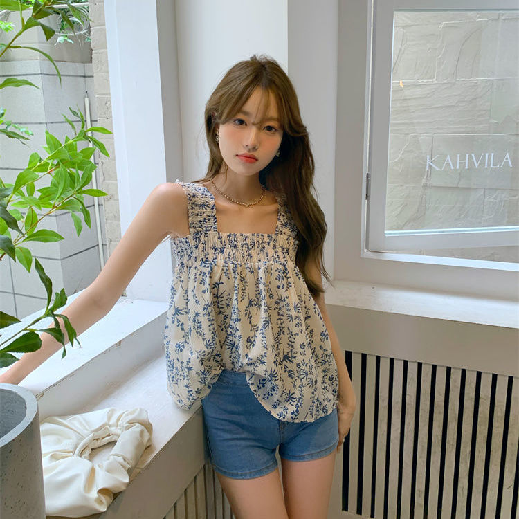 French chic blue floral camisole women's outerwear sweet sleeveless square collar loose hot girl summer outerwear
