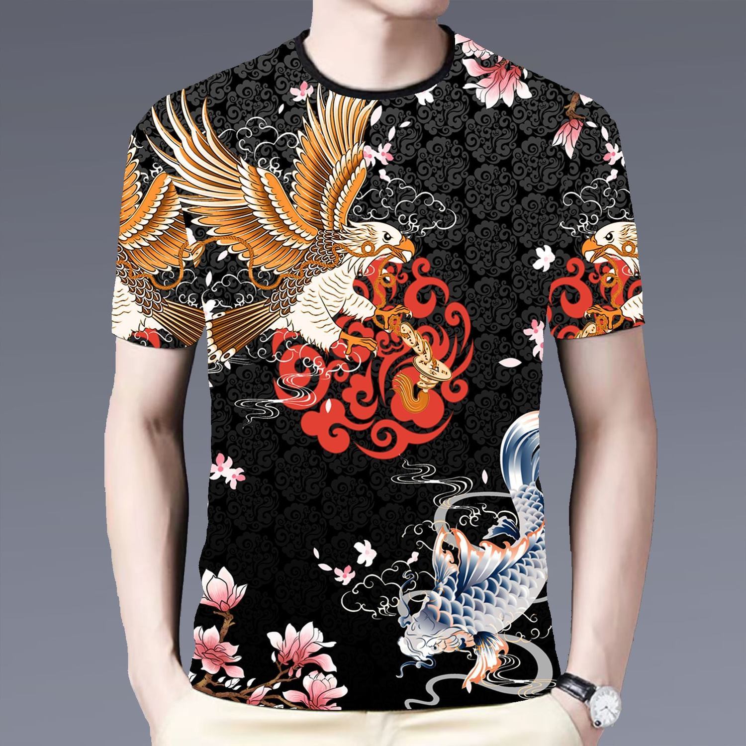 2021新款修身圓領潮牌ins半袖上衣3D印花短袖衣服短袖t恤男打底衫