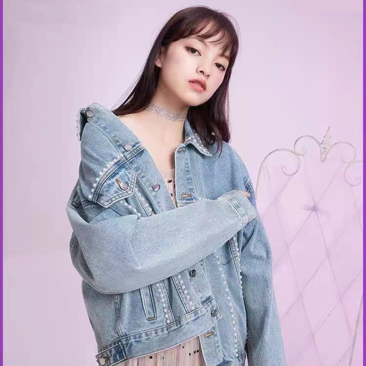 2021 spring new beaded denim jacket loose denim jacket Korean style short coat fashion women's clothing
