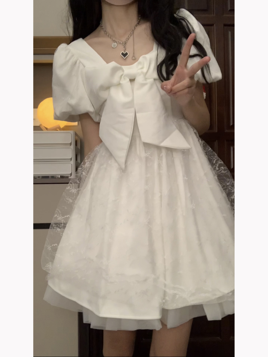 French Retro First Love Mesh Stitching Puff Sleeve Bowknot White Dress Female Student Korean Version A-line Skirt