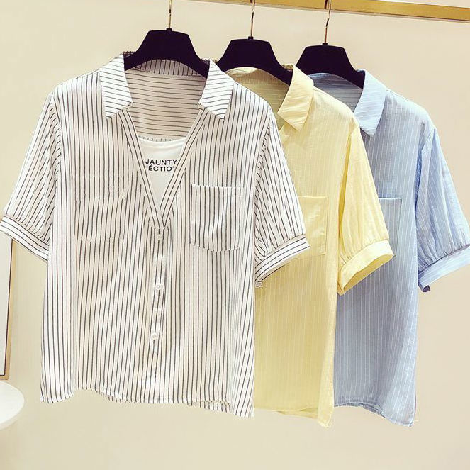 T-shirt stitching fake two-piece striped shirt women's summer dress 2022 new all-match thin POLO collar short-sleeved top