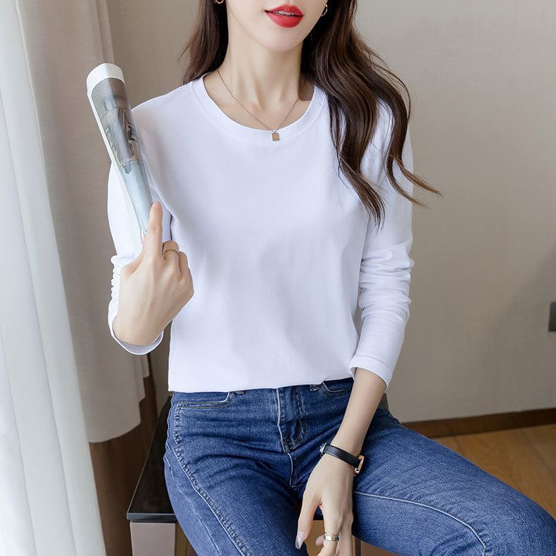 精梳棉白色長袖t恤女寬鬆2023春秋季新款簡約休閒百搭圓領打底衫