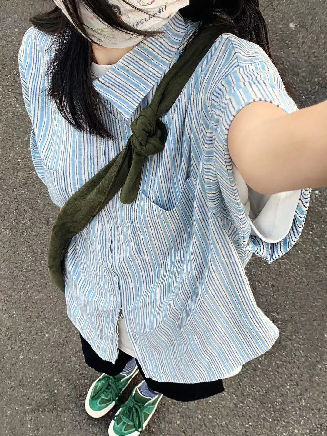 夏季2023薄款雙拉鏈藍色條紋條紋襯衫短袖女中性潮流寬鬆顯瘦襯衣