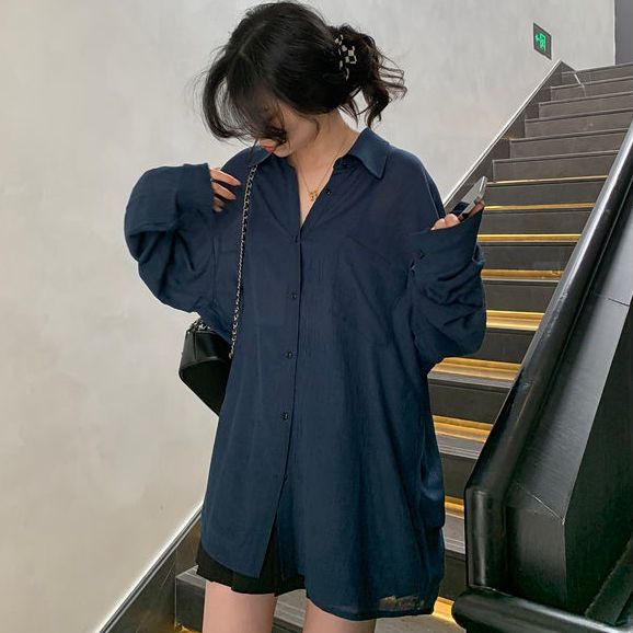 早春長袖襯衫上衣女設計感小眾夏季新款防曬寬鬆長袖休閒襯衣外套
