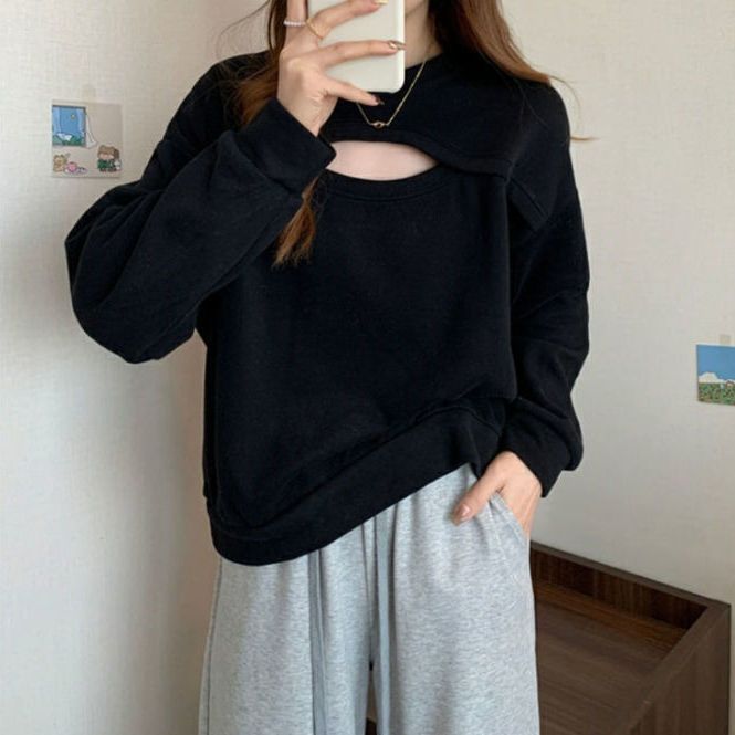 Hollow sweet and spicy style small friendly sexy top hot girl sweater girls spring and autumn models slightly fat and thin T-shirt