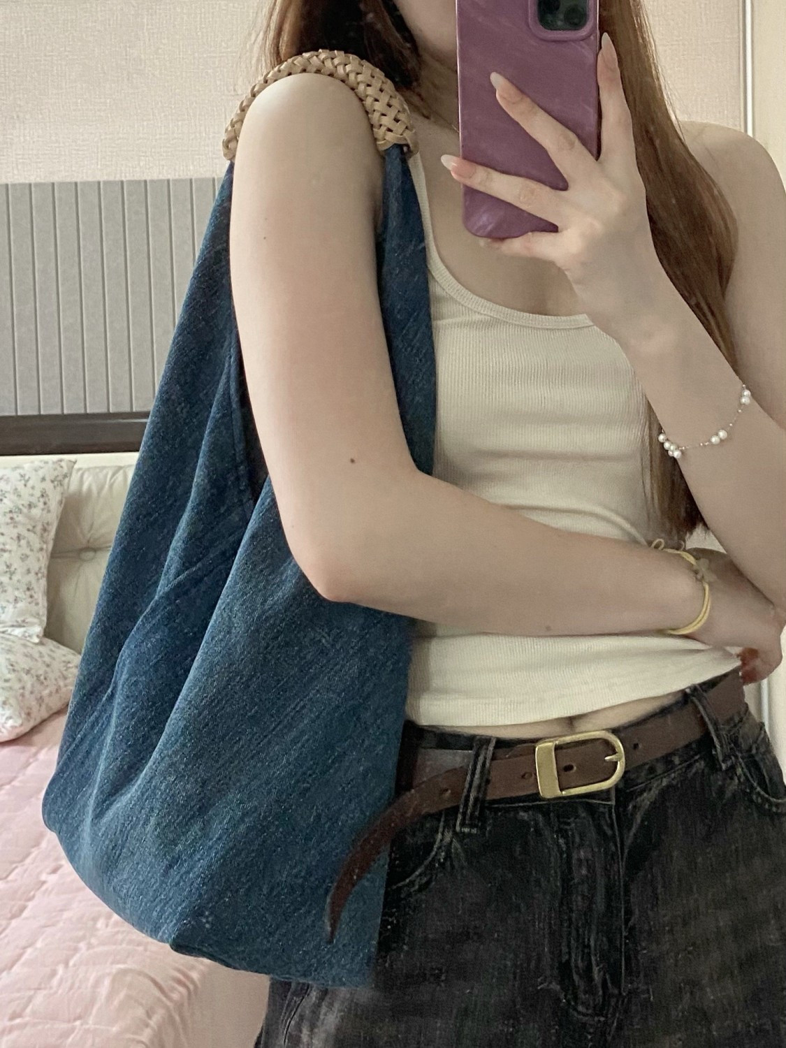 Denim canvas bag women's shoulder tote bag crescent bag niche design texture retro ins Korean version 2023 new style