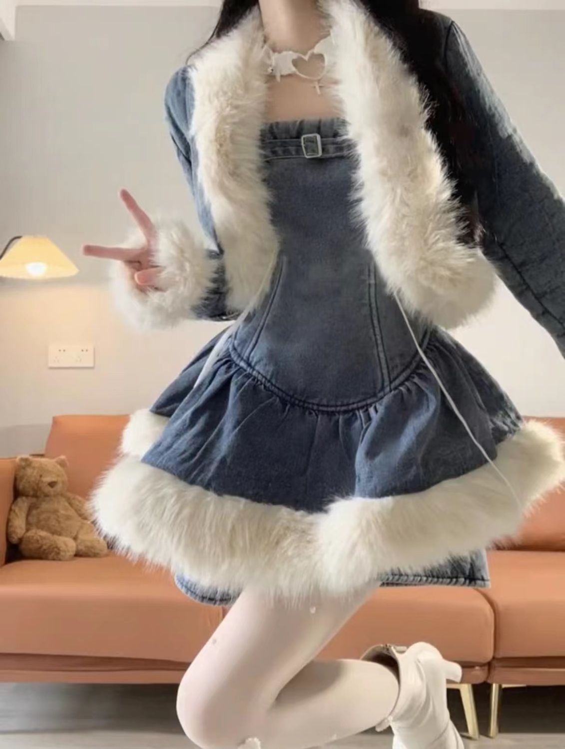 Herbst Winter High-End Koreanischen Stil Chic Gespleißt Denim Jacke + Camisole Rock Hosen Abnehmen Vielseitige Set_voghion.com