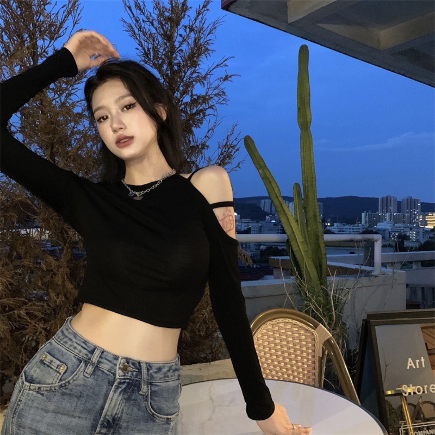 Hyuna style hot girl tight strapless t-shirt feminine western style short long-sleeved top spring and autumn outerwear bottoming shirt