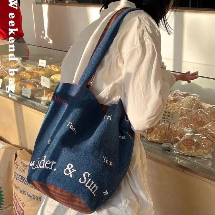 2023新款原創牛仔籃子帆布水桶包百搭春夏小眾單肩包
