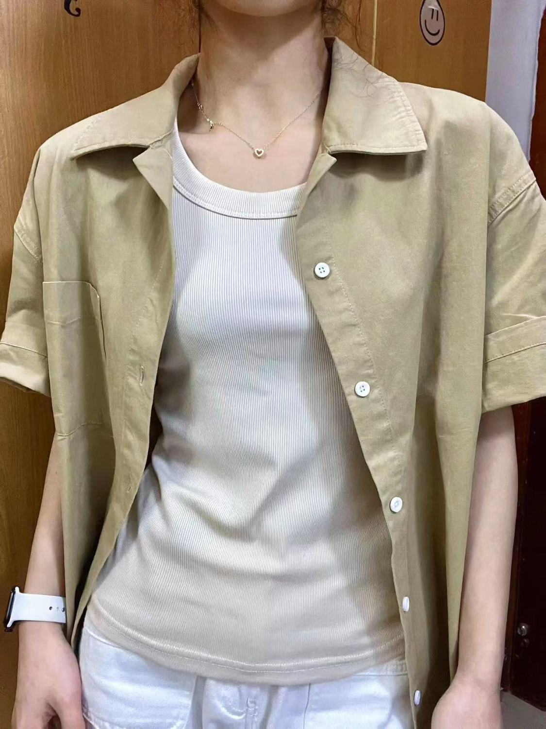 2023夏季新款純棉卡其色短袖襯衫女個性時尚休閒顯瘦襯衣開衫外穿