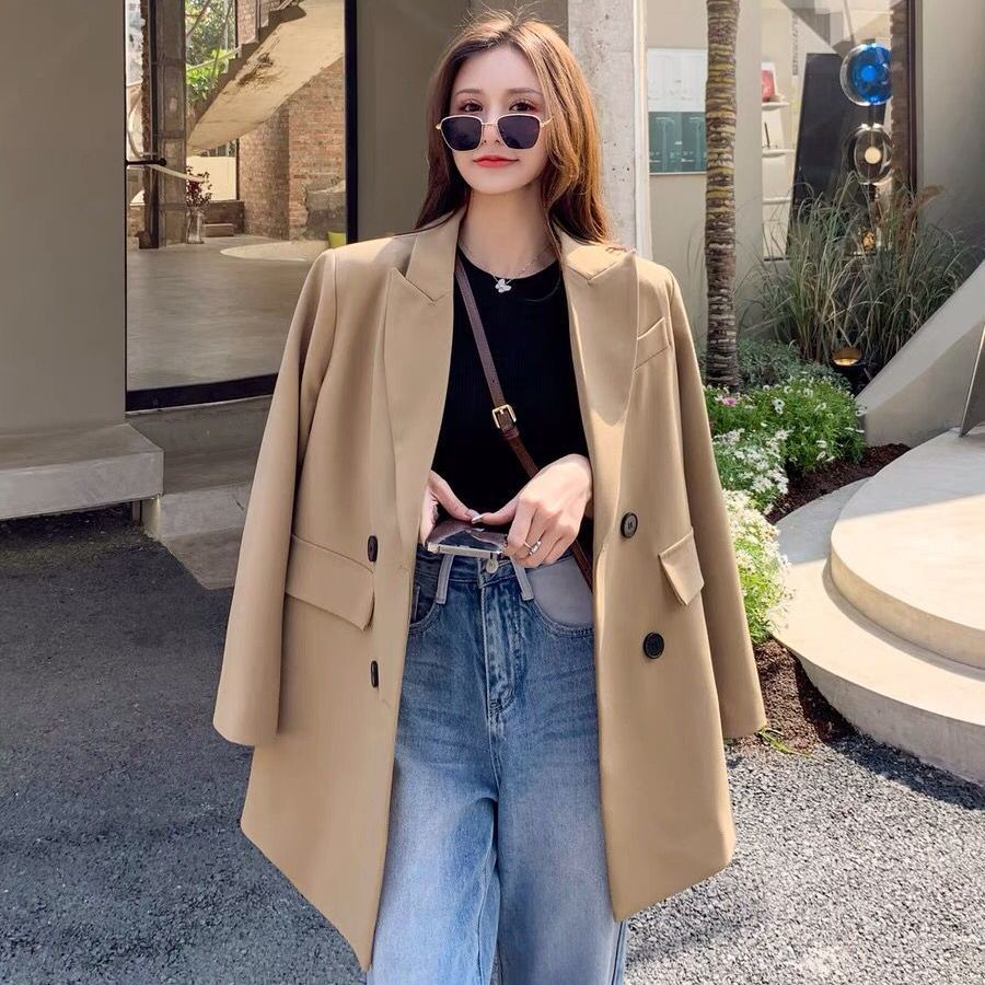 White suit jacket for women  spring and autumn new Korean style loose casual temperament double-breasted suit top for women