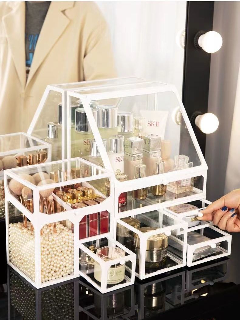 防尘大容量玻璃化妆品收纳盒桌面带抽屉透明护肤品化妆收纳置物架