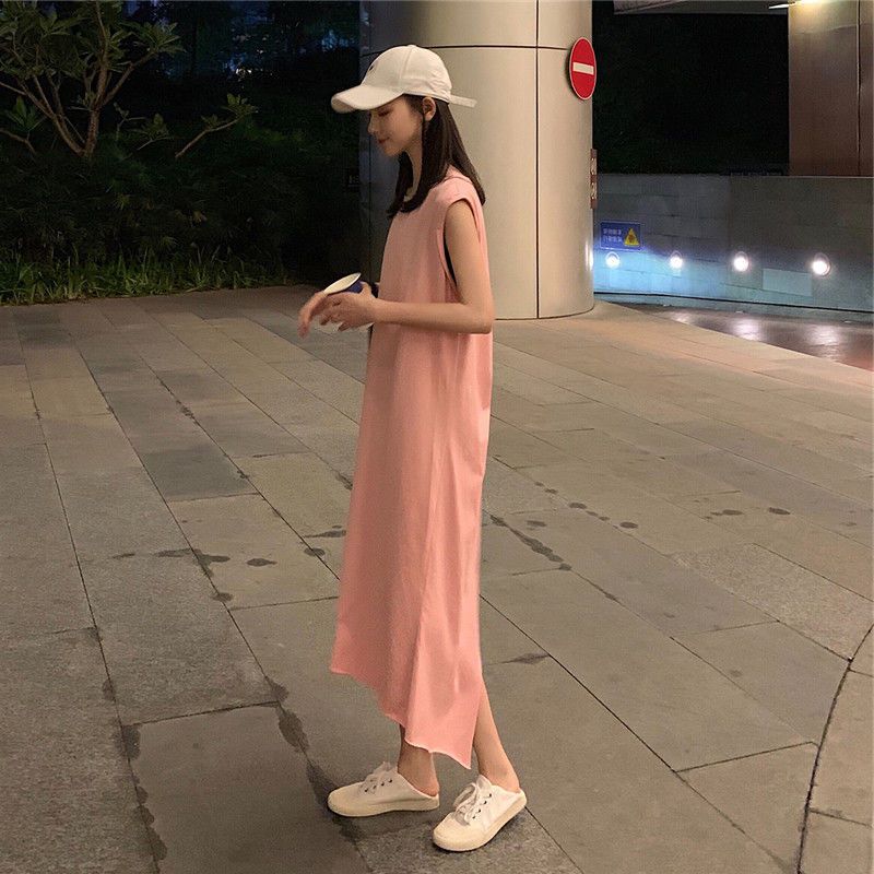 Fat MM extra large size 300 catties sleeveless T-shirt skirt summer loose hidden meat showing thin halter dress pregnant woman vest skirt