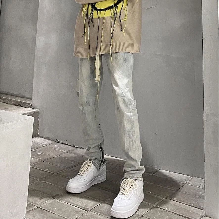 Split zipper FOG yellow mud batik high street washed old three-dimensional slim straight vibe style jeans trousers