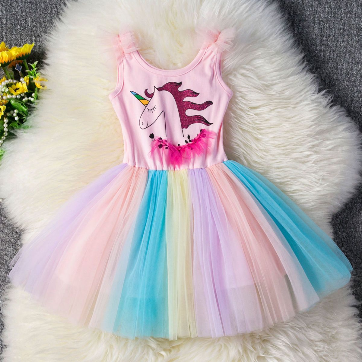2022 Summer Girls Cotton Lace Princess Dress Kids Korean Style Unicorn Cherry Dress Colorful Skirt