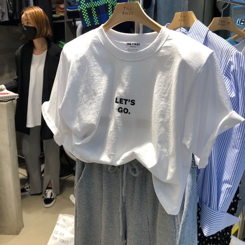 Korean Dongdaemun short-sleeved t-shirt women 2021 summer new simple letter print shoulder pads loose short top