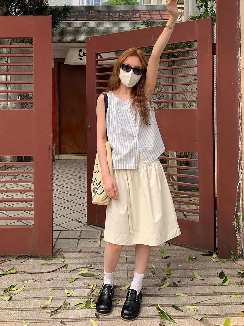 復古港風chic兩件套新條紋薄款上衣背心杏色半身A字裙休閒通勤女