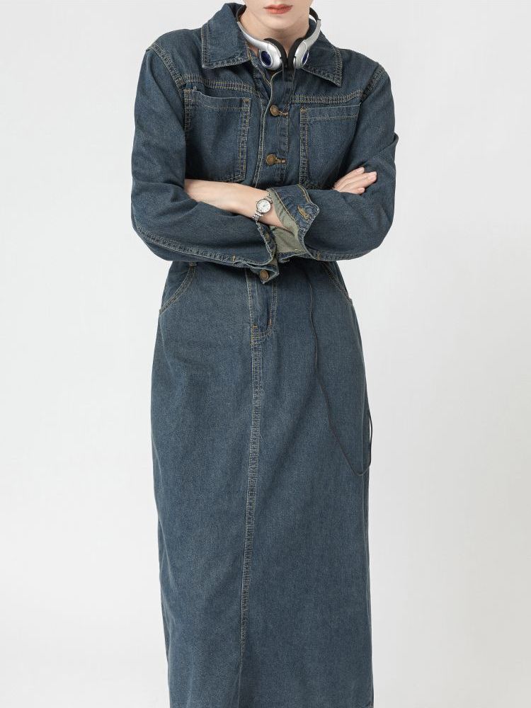 French retro denim dress women's long-sleeved  spring and autumn new waist-length slimming over-the-knee temperament long skirt [shipped within 5 days]