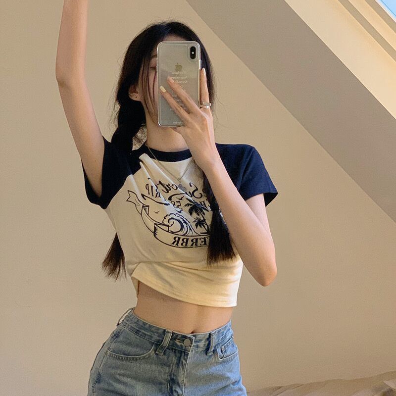 y2k Korean short-sleeved waist tight t-shirt women show figure summer student hot girl high street all-match bm wind short top