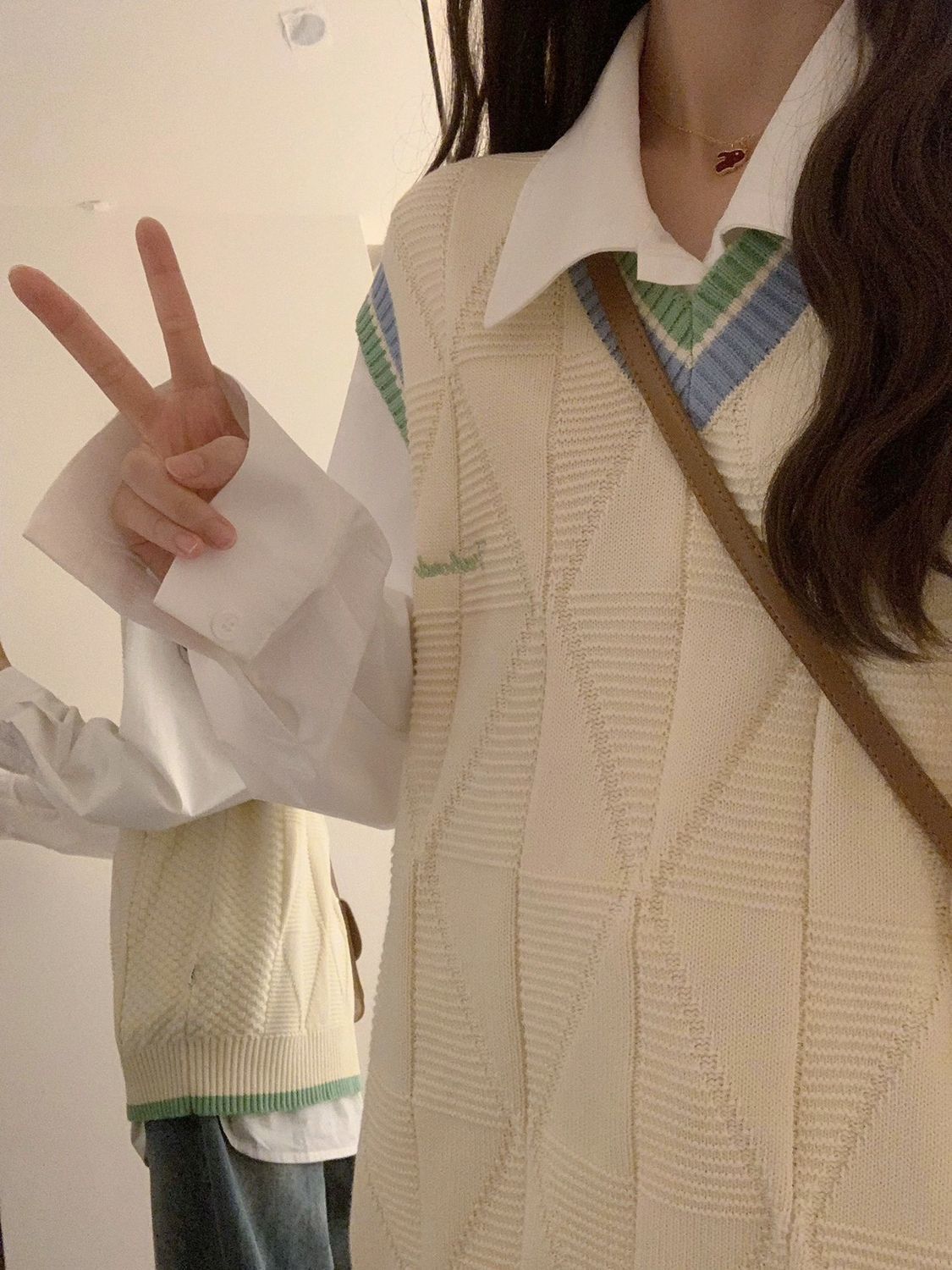 两件套装春秋韩系学院风条纹针织毛衣叠穿马甲背心搭配衬衫女上衣
